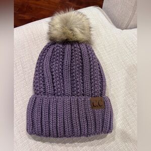 C.C Women’s Purple Knit Hat with Faux Fur Pom